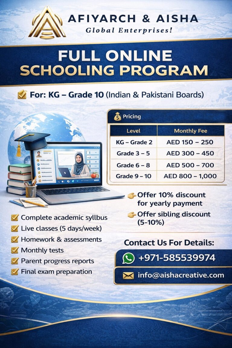 FULL ONLINE SCHOOLING PROGRAM – KG to Grade 10 (Indian & Pakistani Boards)