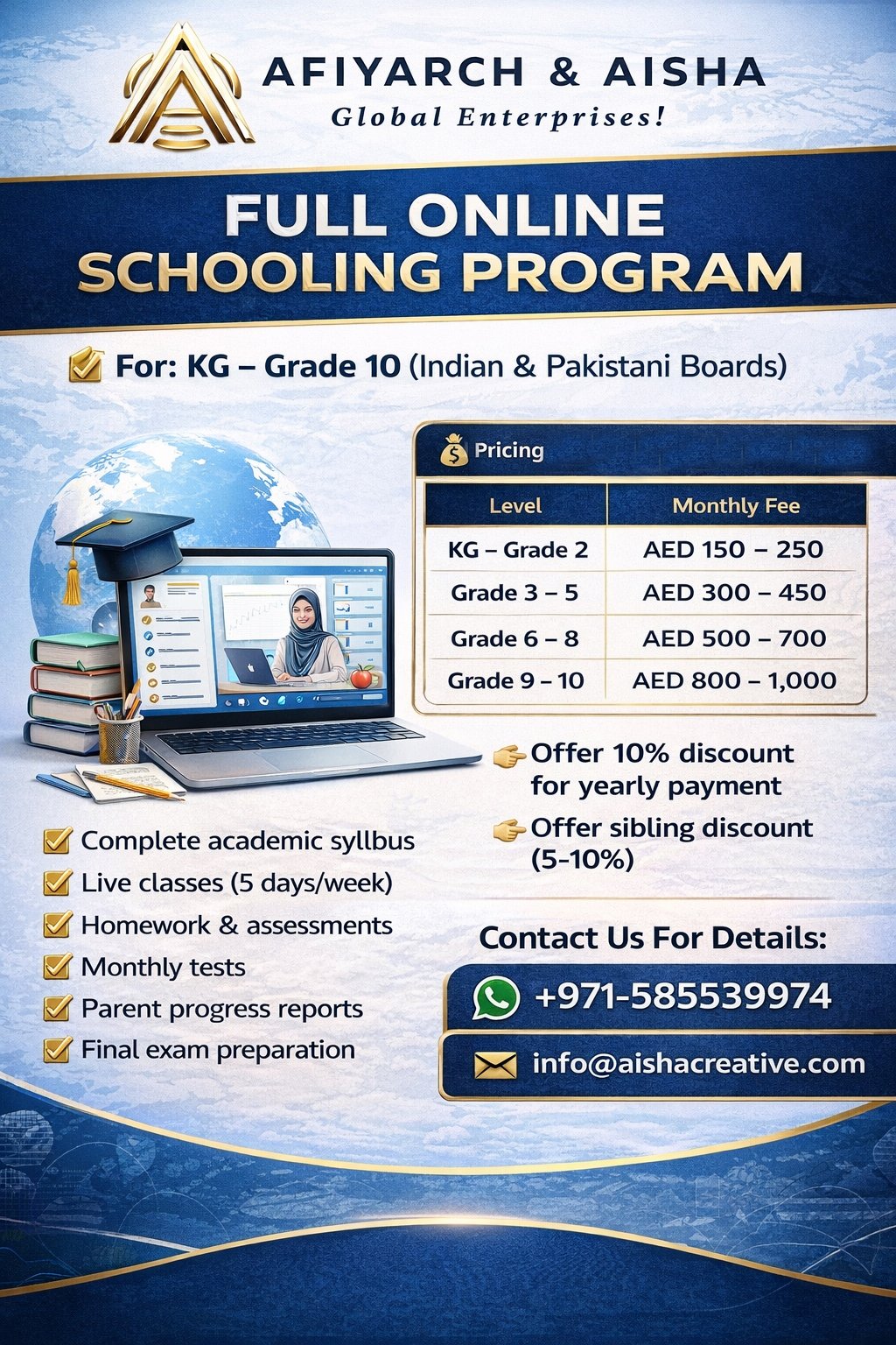 FULL ONLINE SCHOOLING PROGRAM – KG to Grade 10 (Indian & Pakistani Boards)